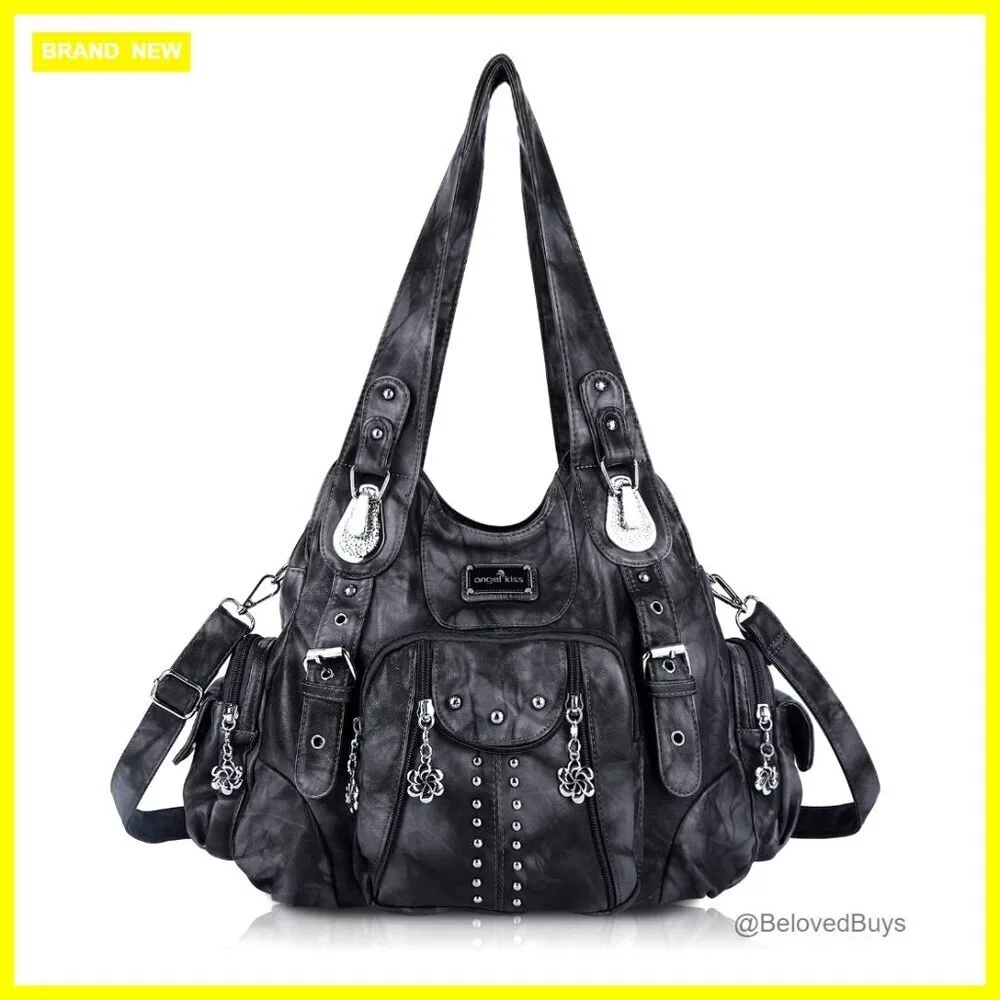 Large Soft PU Leather Hobo Shoulder Bag with Multiple Pockets